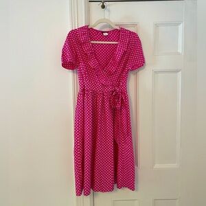 J Crew pink wrap dress with ruffle neckline